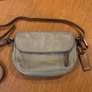 Fossil Gray Leather Crossbody Bag with Brown Accents